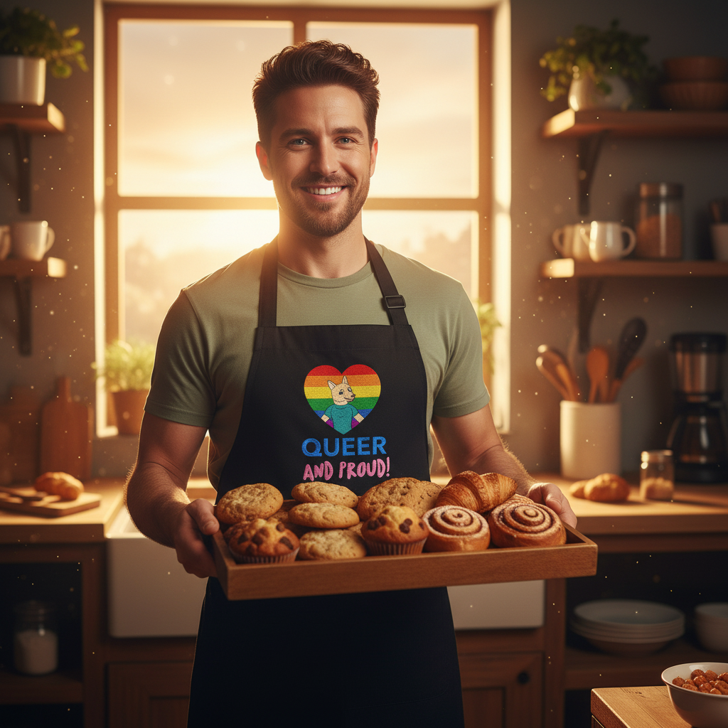 A young man in a Queer And Proud organic cotton apron smiles, holding a tray of baked goods, embodying pride and self-expression in a vibrant, inclusive kitchen setting.
