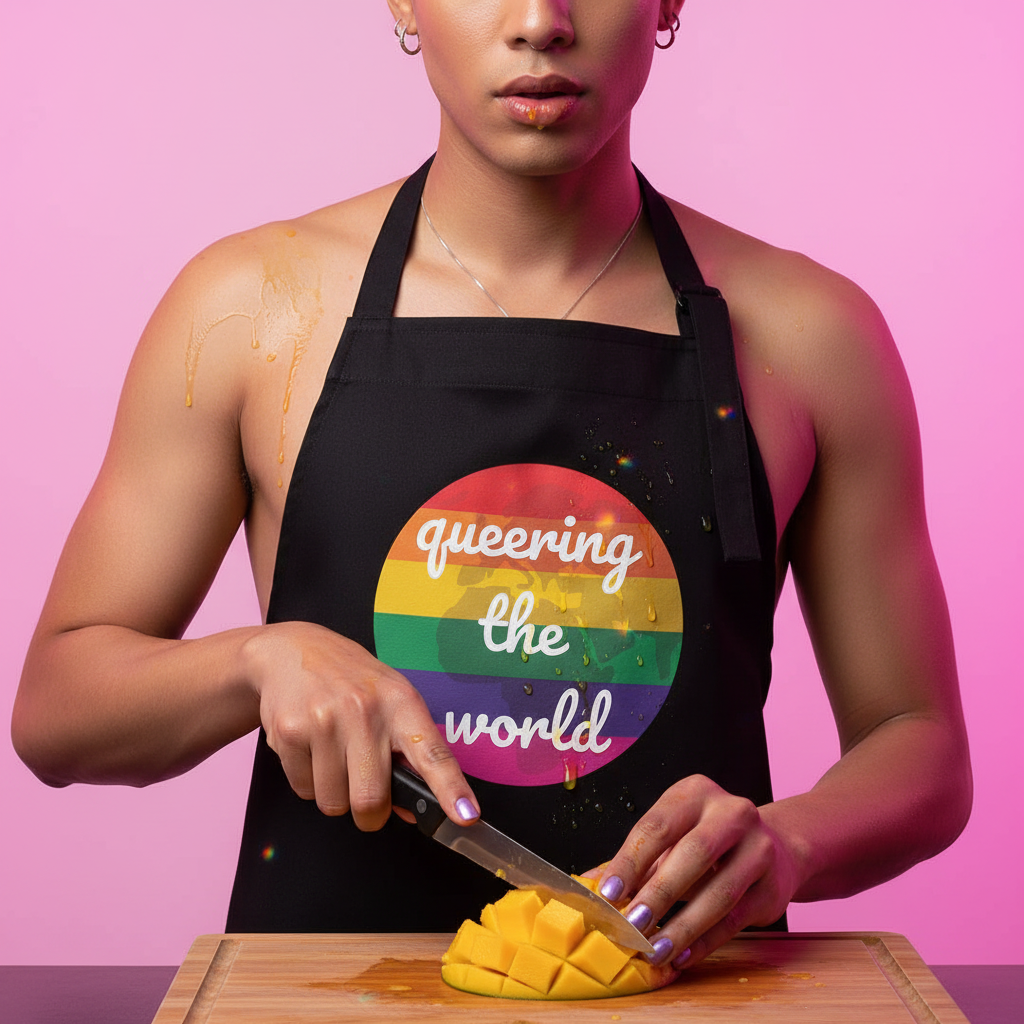 Person wearing a black apron with Queering the World logo slices a mango. The Queering The World Organic Cotton Apron embodies pride and self-expression, showcasing queer empowerment and culinary flair.
