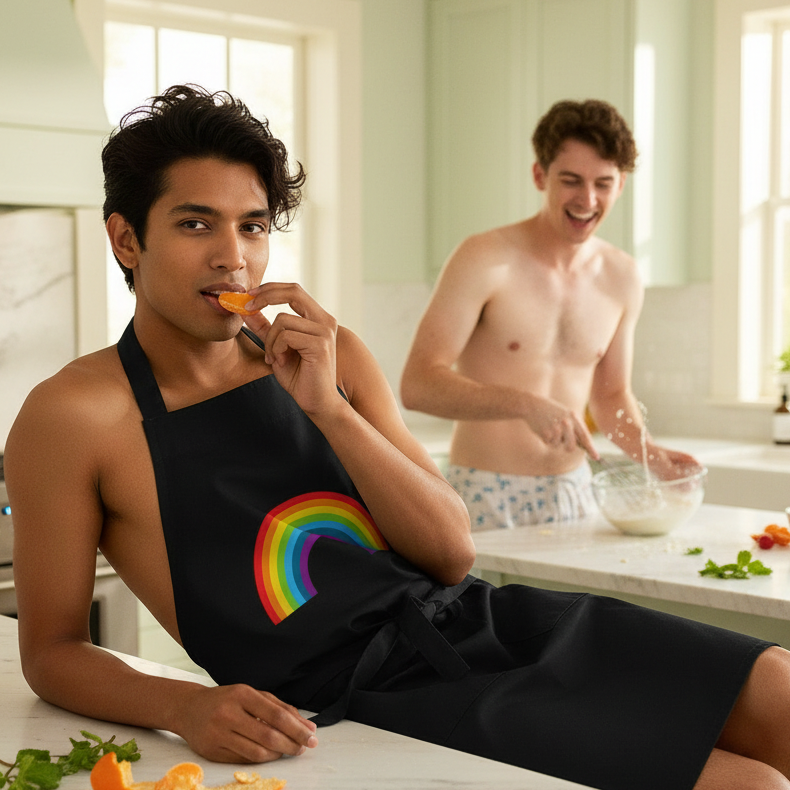 A dark-haired man, wearing a Rainbow Organic Cotton Apron with a rainbow graphic, bites into an orange segment in a bright kitchen, embodying queer pride and culinary flair.
