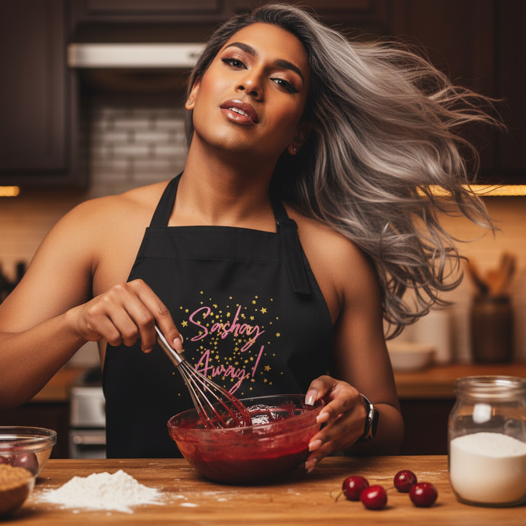 Person whisking red batter in a kitchen, wearing the Sashay Away Organic Cotton Apron with pink script and gold stars, embodying prideful self-expression and culinary confidence.