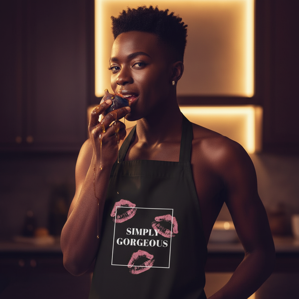 Person in a Simply Gorgeous Organic Cotton Apron with pink kiss marks and SIMPLY GORGEOUS, brings a syrup-coated fruit to their mouth, embodying bold, sexy queer energy in a cozy kitchen setting.