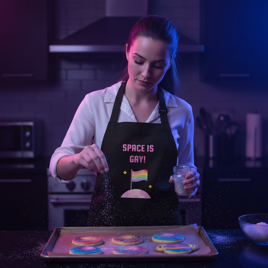 A young woman decorates cookies wearing the Space Is Gay Organic Cotton Apron with a cartoon moon and rainbow flag, embodying LGBTQIA+ pride and self-expression in the kitchen.