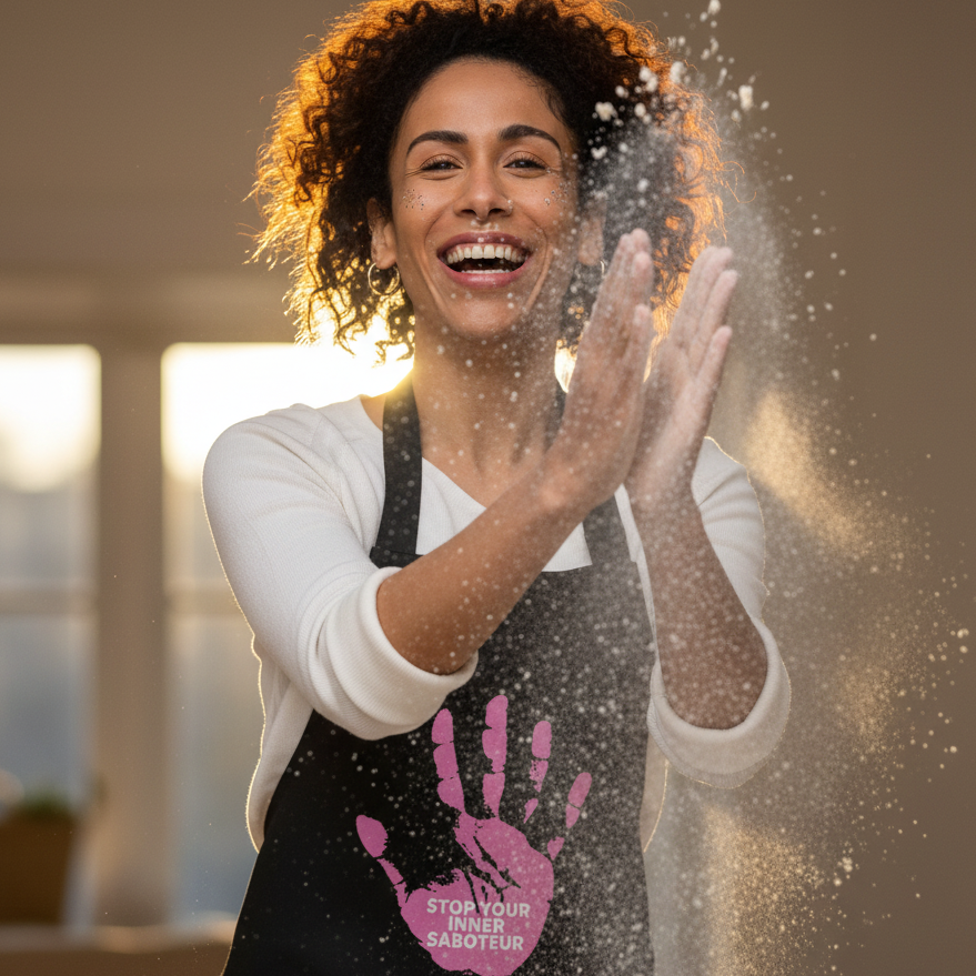 Young woman claps, releasing flour cloud while wearing the Stop Your Inner Saboteur Organic Cotton Apron, showcasing bold queer pride, empowerment, and self-expression in a stylish and functional kitchen accessory.