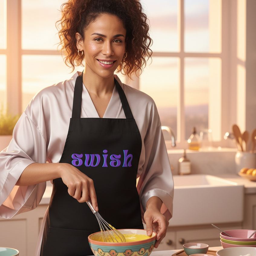 A young woman in a black Swish Organic Cotton Apron confidently whisks batter in a sunlit kitchen, embodying queer pride and empowerment.