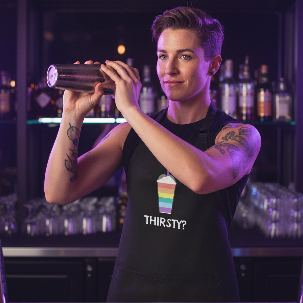 Bartender wearing the Thirsty? Organic Cotton Apron, featuring a rainbow-striped drink graphic, shakes a cocktail, exuding vibrant queer pride in a modern, illuminated bar setting.
