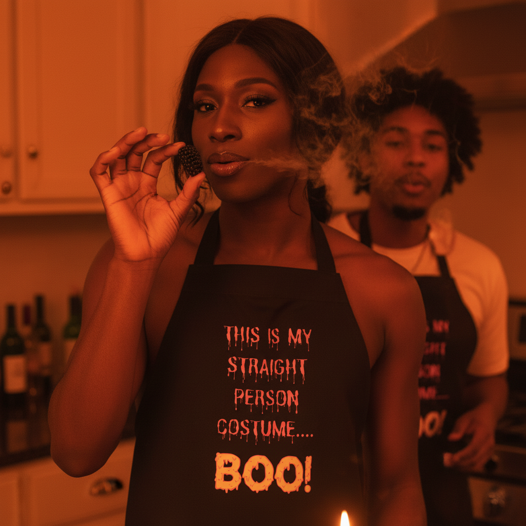 A Black couple in a kitchen wears matching This Is My Straight Person Costume... BOO! organic cotton aprons, embodying queer pride and empowerment, with a playful, autumnal vibe.