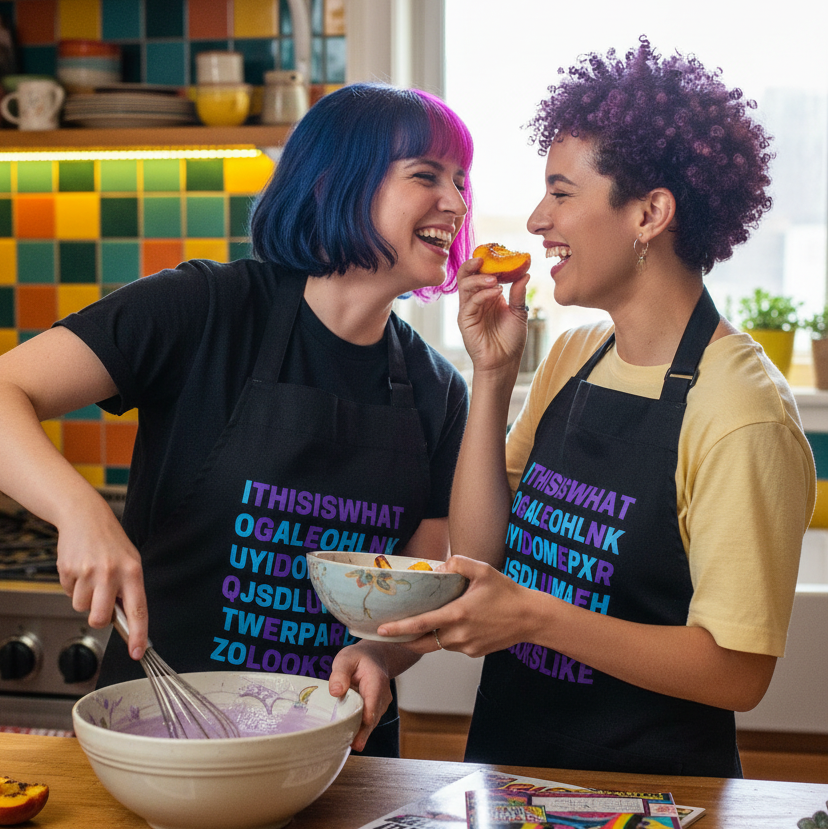 Two people cook together in a colorful kitchen wearing black text-print aprons