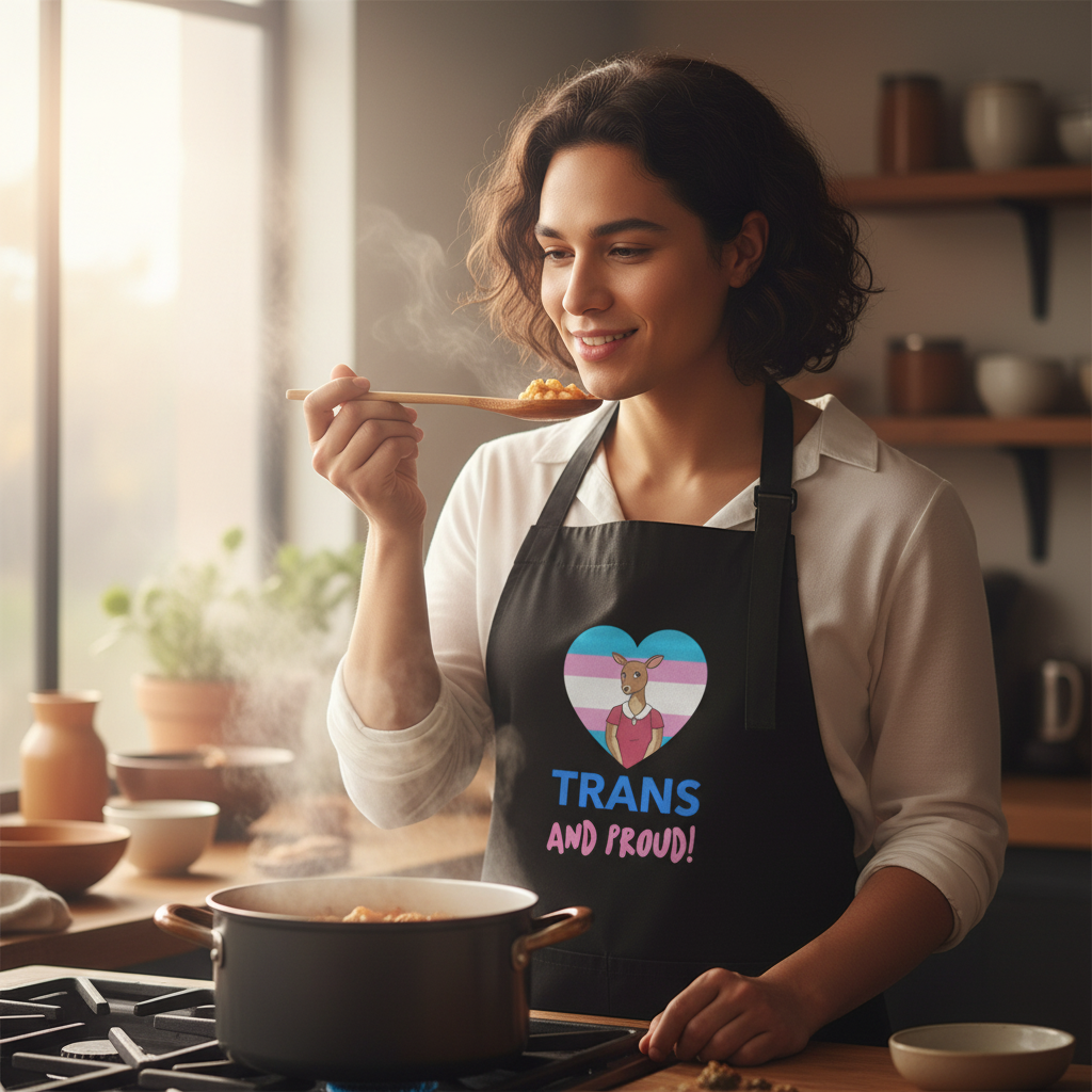 Person in kitchen wearing Trans And Proud Organic Cotton Apron with a heart design featuring a deer, tasting from a spoon. Apron symbolizes pride, empowerment, and self-expression in a cozy setting.