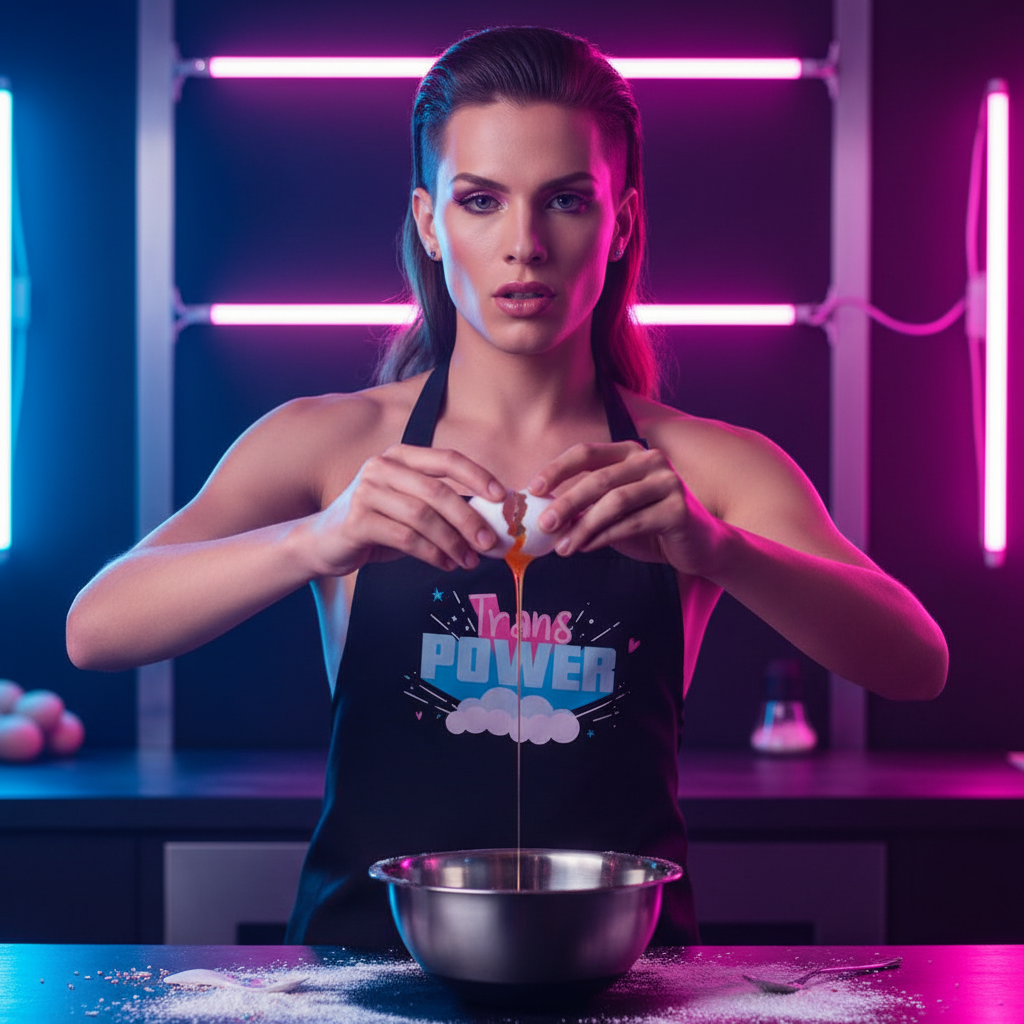 A person wearing a Trans Power organic cotton apron cracks an egg, embodying queer pride and culinary confidence in a vibrant kitchen setting.
