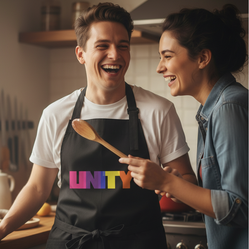 Two people joyfully cook in a kitchen, with the young man wearing the Unity Organic Cotton Apron, showcasing a rainbow-gradient UNITY print, celebrating LGBTQIA+ pride and empowerment.