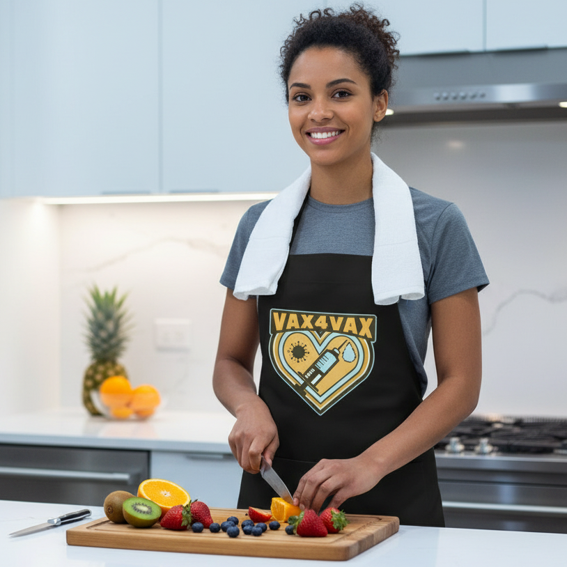 Young woman slicing fruit, wearing a Vax 4 Vax Organic Cotton Apron, featuring a prideful heart-shaped logo with virus and syringe imagery, embodying queer empowerment and kitchen confidence.