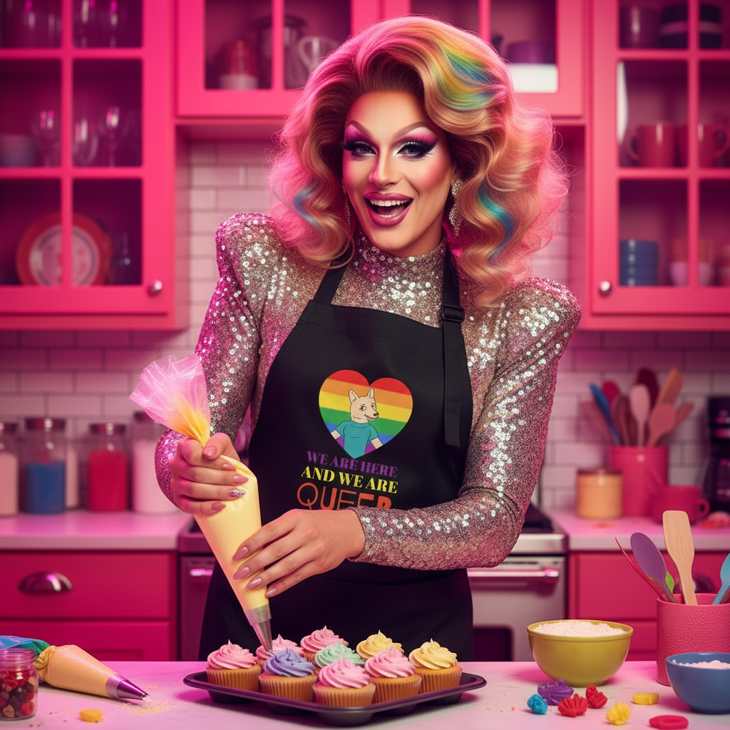 Drag performer joyfully frosting cupcakes in a We Are Here And We Are Queer organic cotton apron with rainbow-heart design. The scene exudes vibrant queer pride and joyful self-expression.