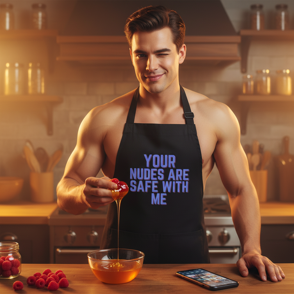 Shirtless man in a black Your Nudes Are Safe With Me organic cotton apron winks, holding honey-dripping pastry, embodying queer pride and confidence in a playful, stylish kitchen setting.