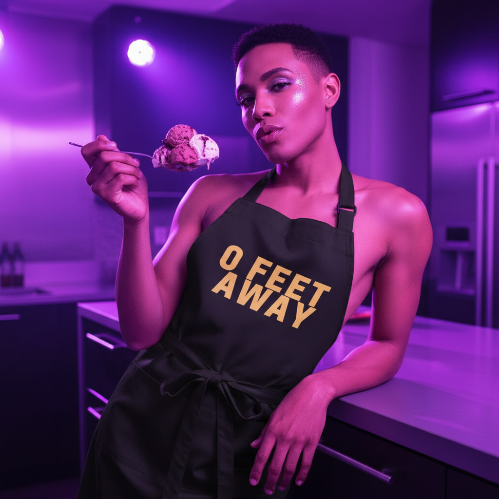 Person in a modern kitchen, wearing the Zero Feet Away Grindr Organic Cotton Apron, showcasing queer pride and empowerment, holding a spoonful of ice cream.
