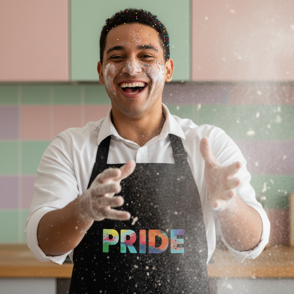 Smiling young man in a kitchen, joyfully tossing flour, wearing the Pride Organic Cotton Apron featuring rainbow lettering. This apron blends style and empowerment, celebrating LGBTQIA+ pride and self-expression.