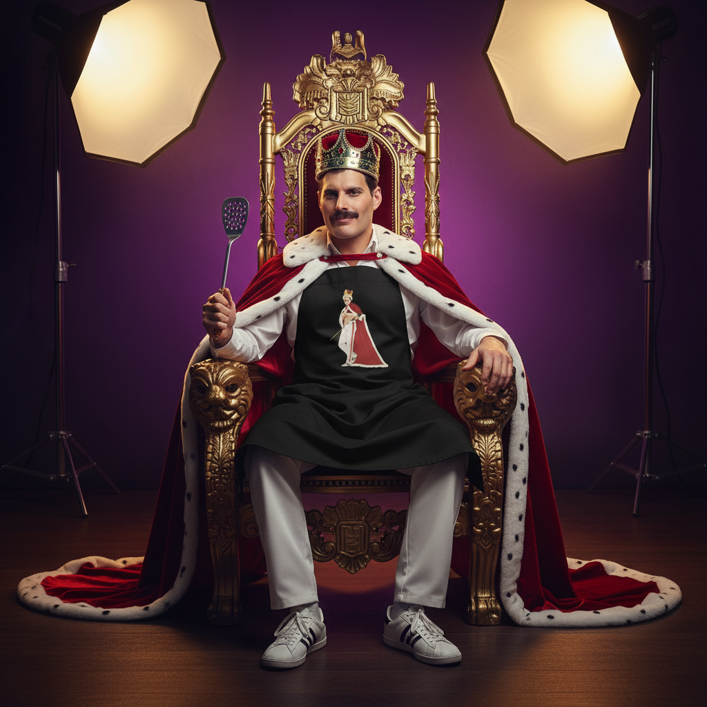 A man sits on a golden throne as a kitchen king, wearing the Queen Freddy Mercury Organic Cotton Apron, a playful symbol of LGBTQIA+ pride and culinary empowerment.