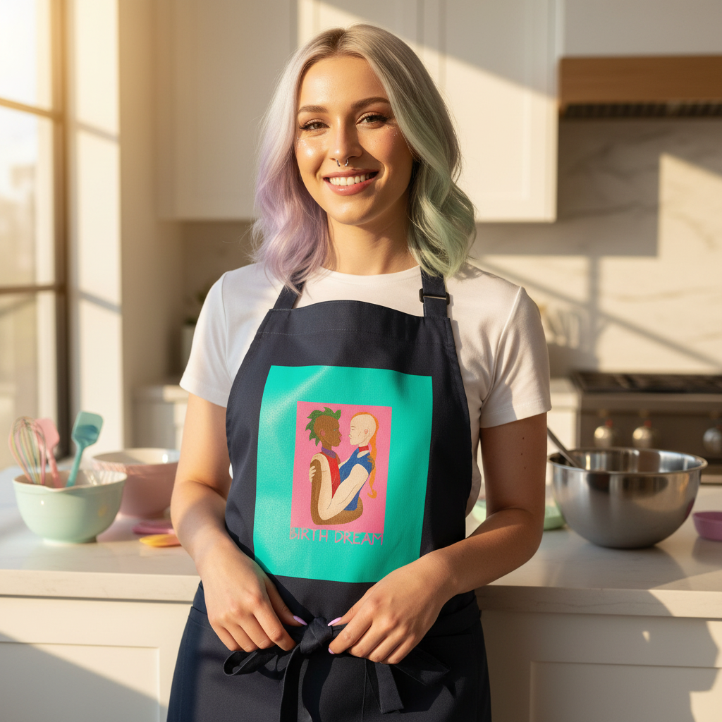 Young person in a sunlit kitchen wearing the Hearts Not Parts Organic Cotton Apron, featuring a vibrant graphic with BIRTH DREAM. Apron exudes pride and self-expression, enhancing culinary confidence.