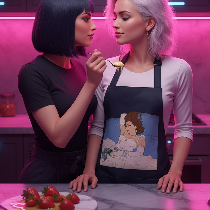 Two women in a pink-lit kitchen, one wearing the Madonna Like A Virgin Organic Cotton Apron with a reclining figure design, creating an intimate, prideful culinary moment.