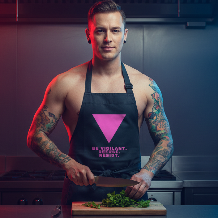 A tattooed man in a black apron with Be Vigilant. Refuse. Resist. prepares herbs, embodying pride and self-expression with this bold, empowering Queer In The World organic cotton kitchen accessory.