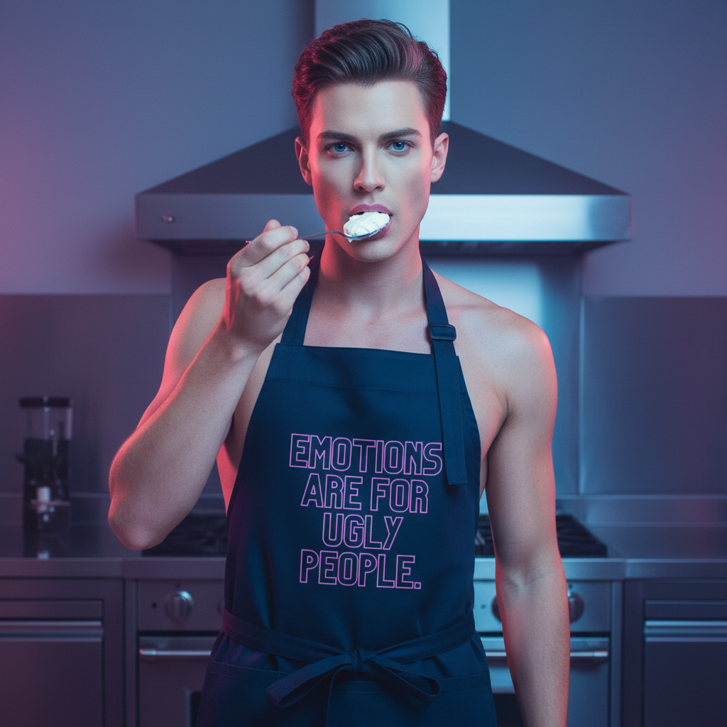Shirtless young man in a modern kitchen wears the “Emotions Are For Ugly People” organic cotton apron, confidently lifting a spoonful of cream, embodying bold queer pride and self-expression.