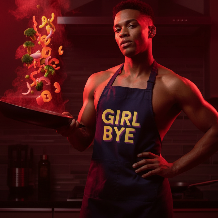 Young man in a modern kitchen wears the Girl Bye Organic Cotton Apron with pride, showcasing a cascade of vibrant vegetables in a frying pan, embodying queer empowerment and joyful, sexy self-expression.