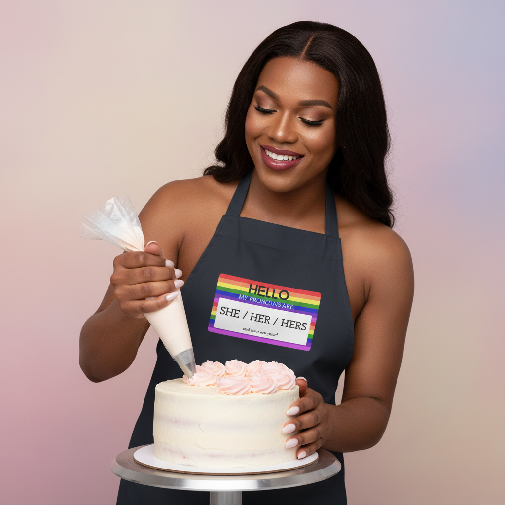 A person in a dark apron with a Hello, My Pronouns Are She / Her / Hers tag decorates a cake, embodying empowerment and pride with the organic cotton apron from Queer In The World.