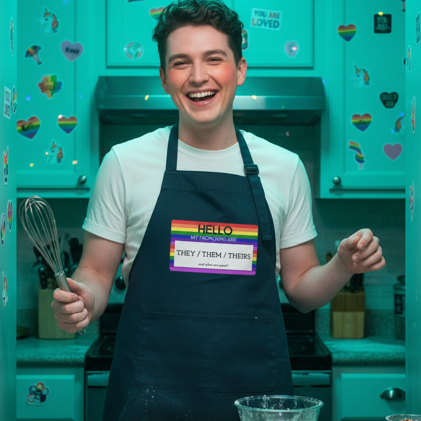 Smiling person in a kitchen wearing the Hello My Pronouns Are They / Them / Theirs Organic Cotton Apron, holding a whisk. Apron showcases queer pride and self-expression with a visible pronoun name-tag.