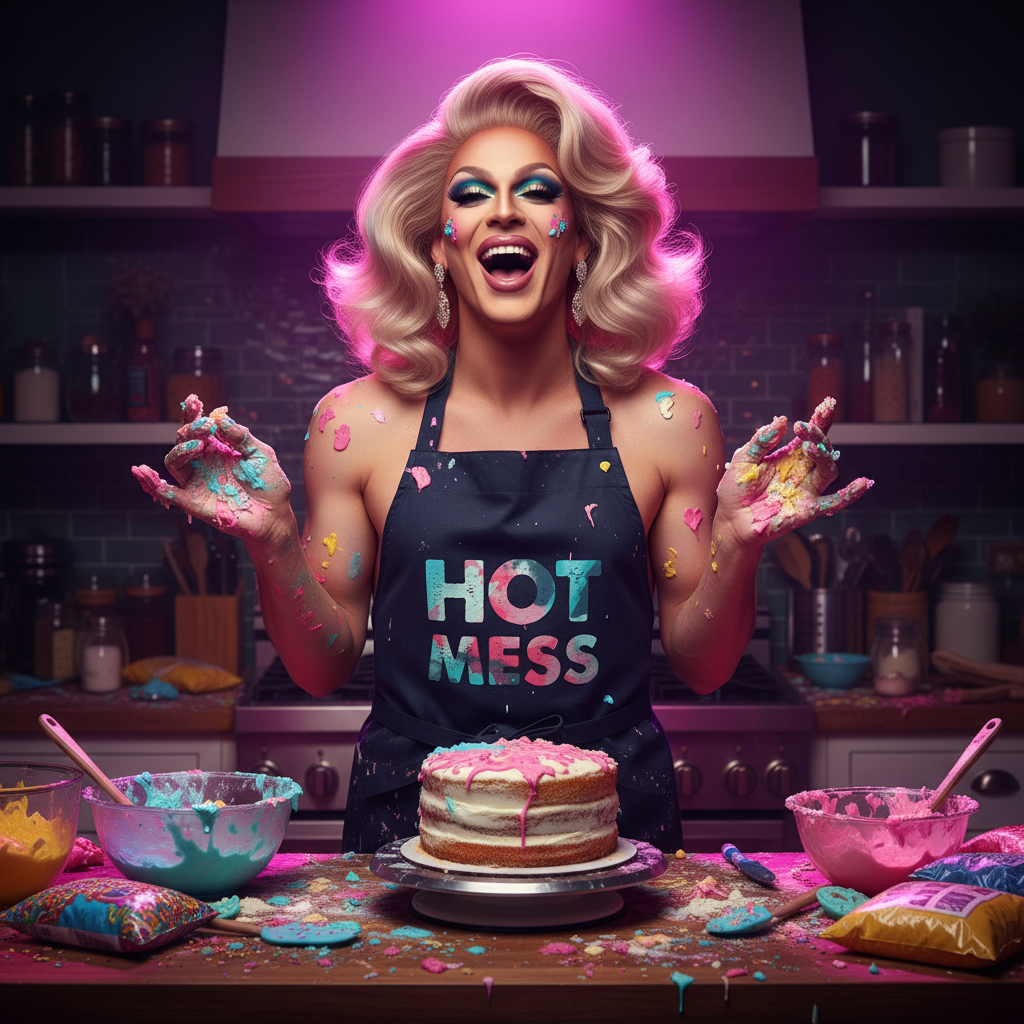 Person in glam drag makeup, wearing the Hot Mess Organic Cotton Apron, playfully smeared with pastel frosting, stands confidently behind a kitchen counter with a partially iced cake.