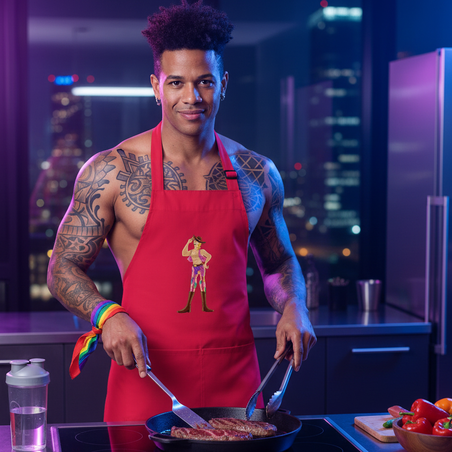 Shirtless, tattooed man cooks at a high-rise kitchen stovetop, wearing the Gay Cowboy Organic Cotton Apron, featuring a colorful cowgirl graphic, embodying pride, empowerment, and self-expression.