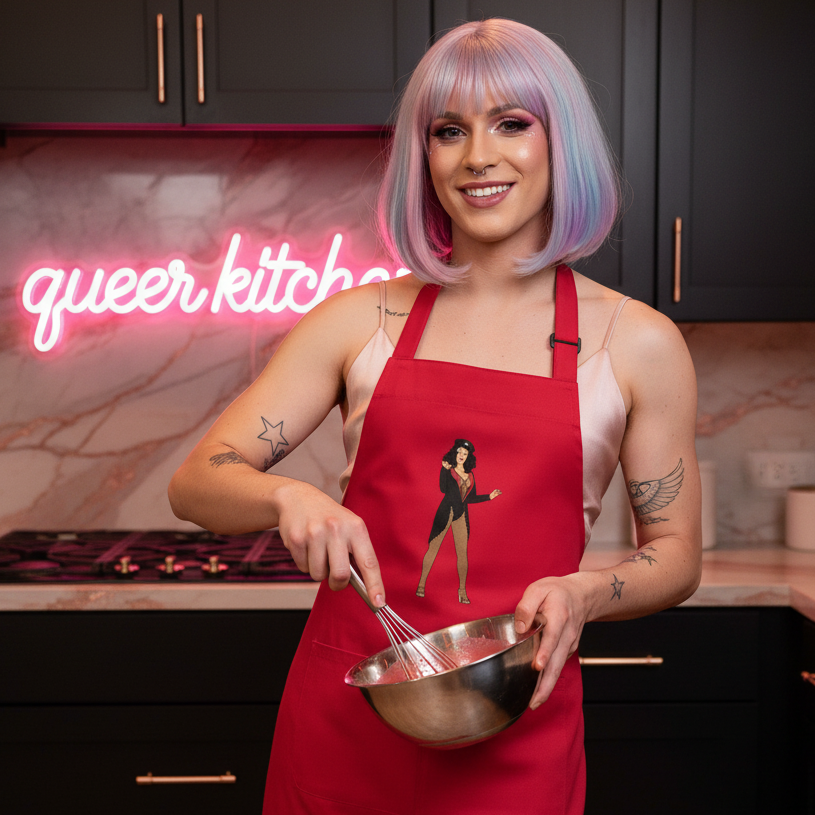 A person in a pastel bob wig and red apron, featuring a drag performer design, confidently whisks ingredients in a modern kitchen, embodying the Cher Burlesque Organic Cotton Apron's prideful and empowering style.
