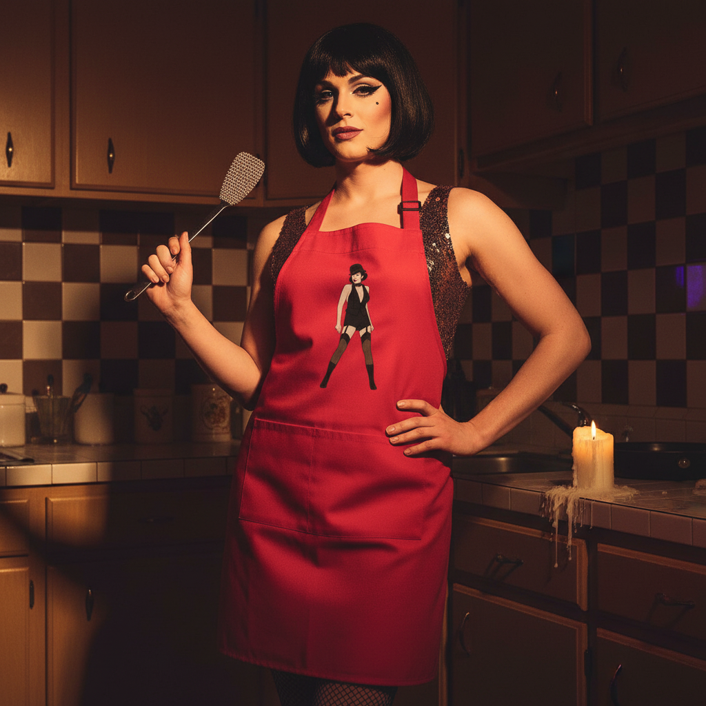 Model in a red apron with a cabaret performer graphic holds a metal spatula in a retro kitchen