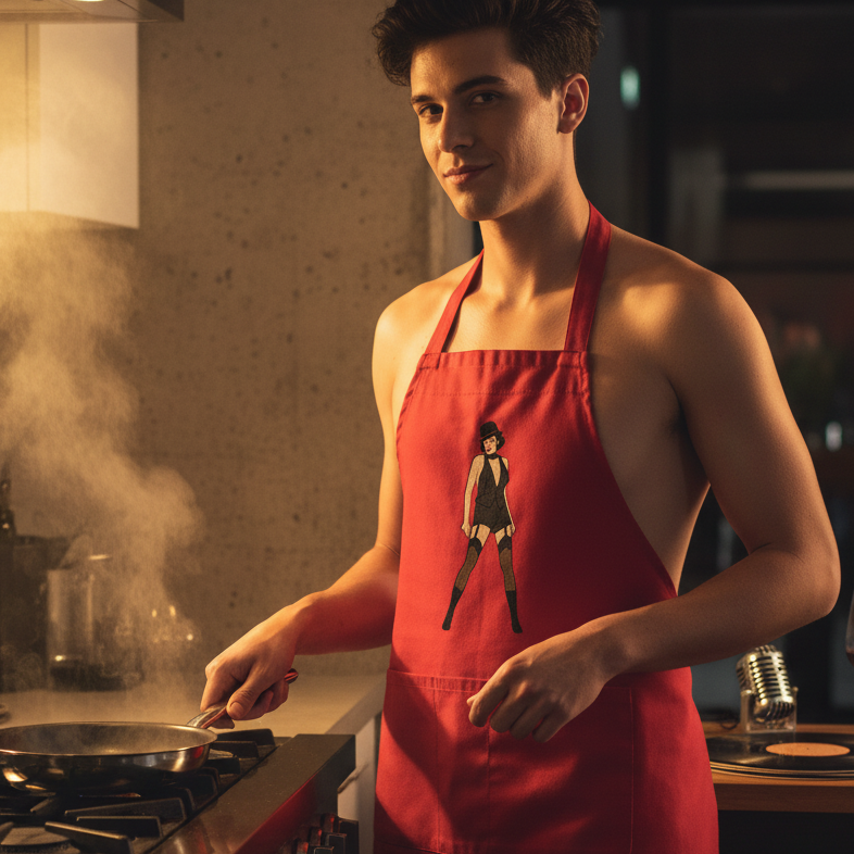 Person cooking at a stove in a red apron with a small cabaret performer graphic