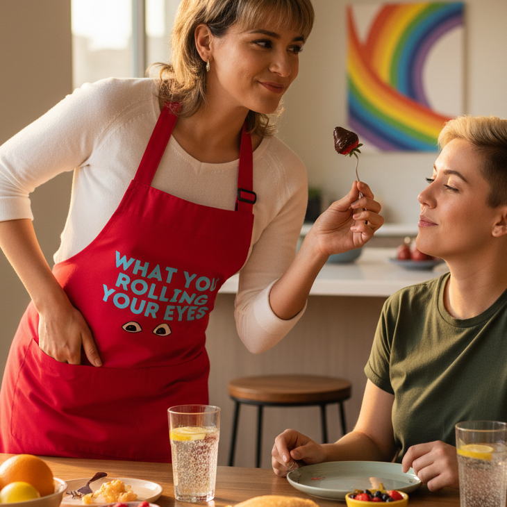 Two people share a joyful moment. One wears the What You Rolling Your Eyes For? Organic Cotton Apron, offering a chocolate-dipped strawberry, embodying queer pride, self-expression, and empowerment.