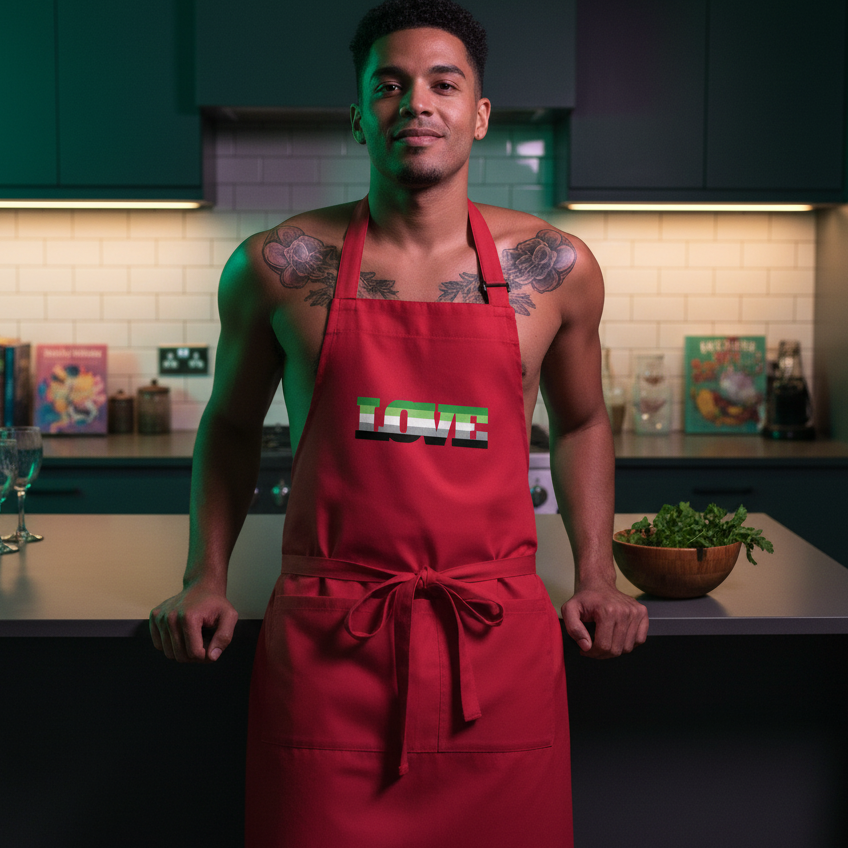 Young man in a red LOVE Aromantic Love Organic Cotton Apron, exuding pride and confidence in a modern kitchen, surrounded by salad ingredients, symbolizing empowerment and self-expression in culinary style.