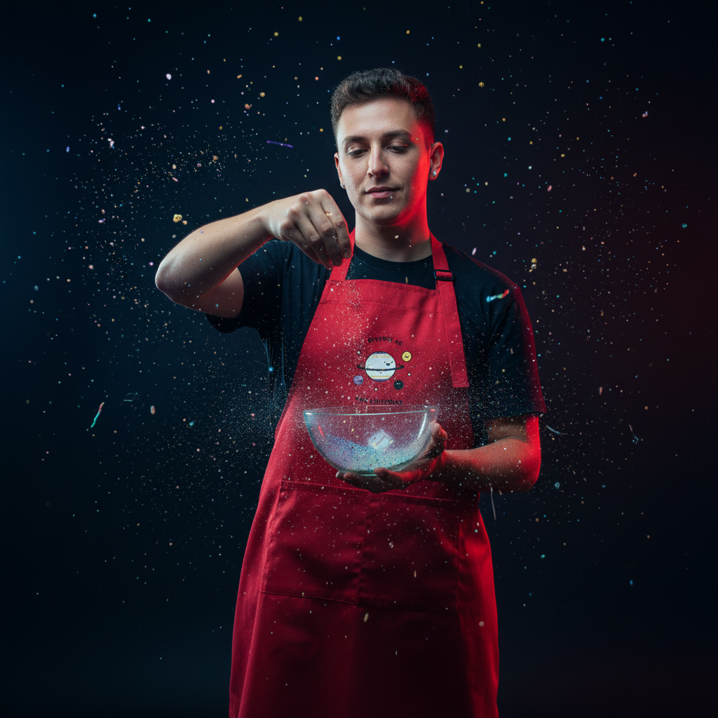 Young man wearing a Diverse As The Universe Organic Cotton Apron sprinkles colorful particles into a glass bowl, creating a vibrant, cosmic effect. Celebrating LGBTQIA+ pride with stylish, empowering kitchen wear.