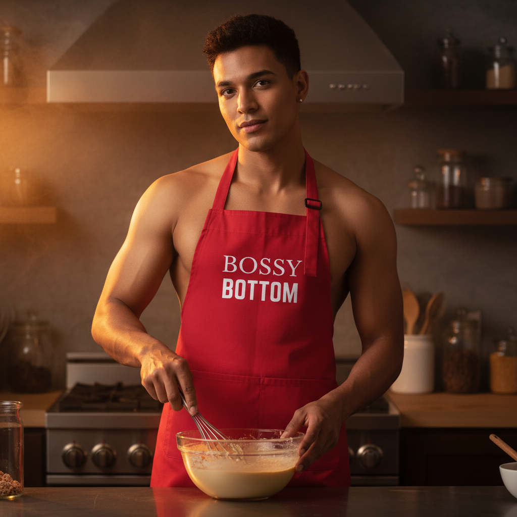 Young man in a kitchen wears the Bossy Bottom Organic Cotton Apron, showcasing bold queer pride with “BOSSY BOTTOM” text, holding a whisk and batter bowl, embodying empowerment and self-expression.
