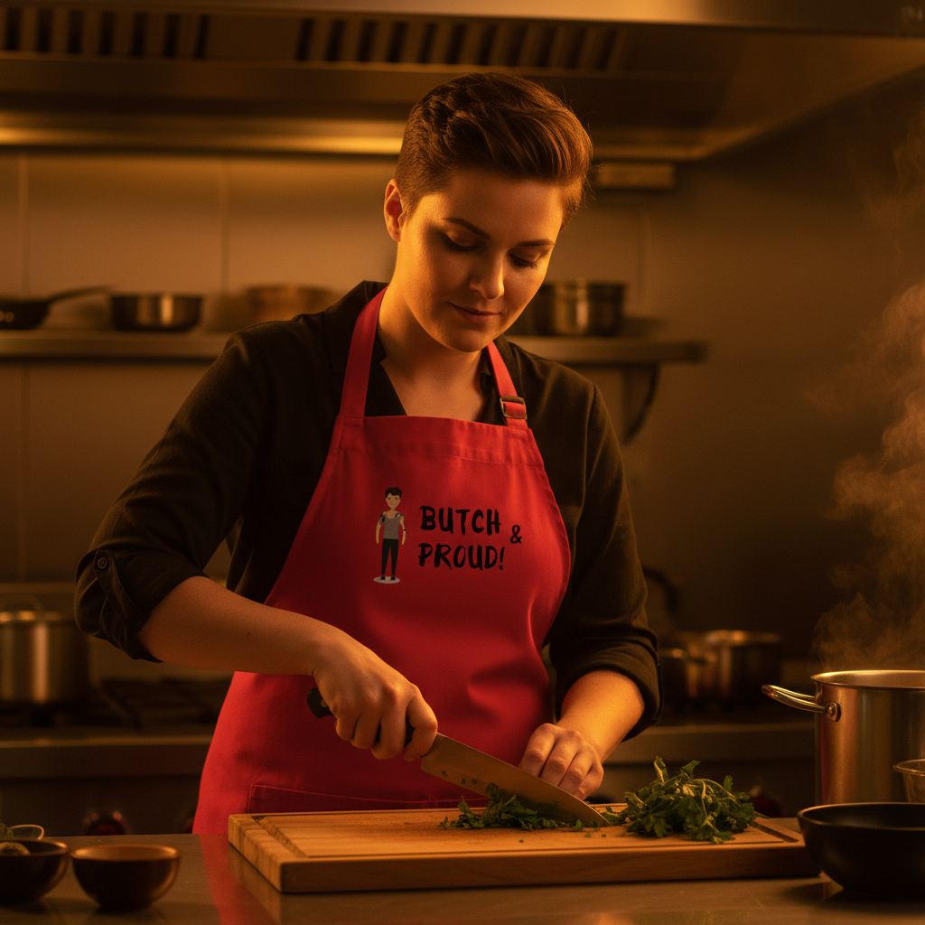 Person chopping herbs on a wooden board in a kitchen, wearing a Butch & Proud Organic Cotton Apron with a cartoon figure, showcasing LGBTQIA+ pride and empowerment.