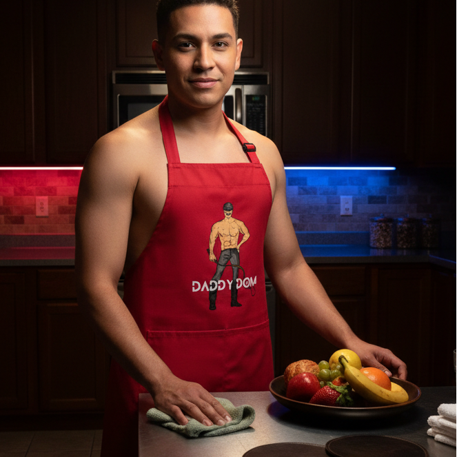 Man in a modern kitchen wears a vibrant Daddy Dom organic cotton apron featuring a muscular figure, embodying queer pride and self-expression while cleaning the counter.