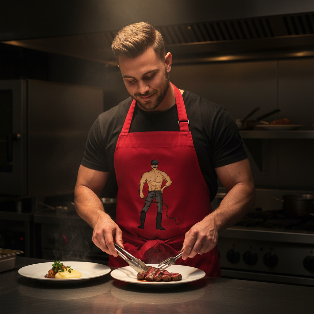 A muscular man in a professional kitchen wears the Dominant Daddy Organic Cotton Apron, featuring a cartoonish figure. He plates steak with confidence, embodying queer pride and culinary empowerment.