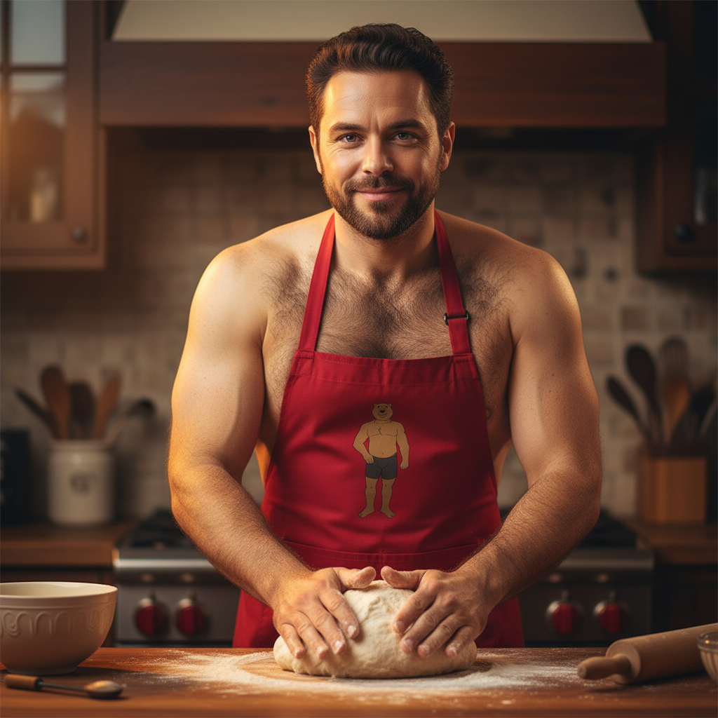 Muscular man in a bright red Gay Cub Organic Cotton Apron shapes dough, embodying pride and self-expression with vibrant, empowering style.
