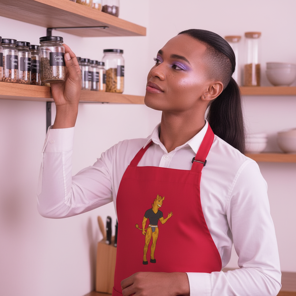 Person in kitchen reaching for cumin jar, wearing a Gay Giraffe Organic Cotton Apron. This queer, prideful apron embodies empowerment and self-expression, featuring a cartoon animal design and adjustable straps.