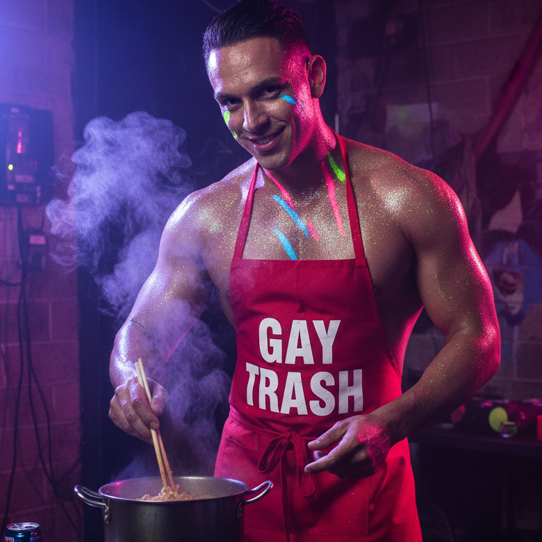 Muscular man in a GAY TRASH organic cotton apron stirs pot, embodying queer pride and self-expression. Bold, sexy kitchen style from Queer In The World: The Shop.