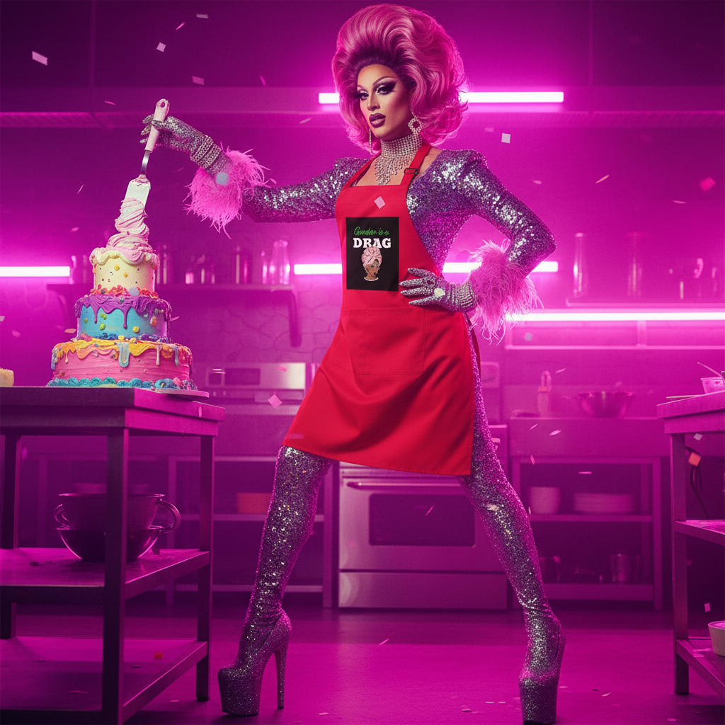 Drag performer in a glittery outfit and Gender Is A Drag Organic Cotton Apron poses confidently, holding a frosting-laden spatula beside a colorful cake in a neon-lit kitchen.