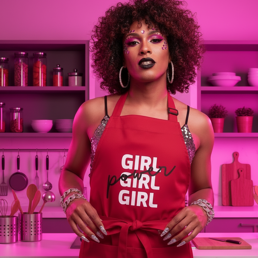 Person in a vividly pink kitchen wears the Girl Girl Girl Power Organic Cotton Apron, embodying bold makeup, hoop earrings, and confidence, surrounded by diverse kitchen essentials.