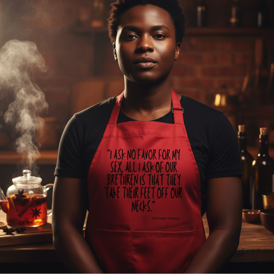 Person in a warm kitchen wearing the I Ask No Favor For My Sex Organic Cotton Apron with Ruth Bader Ginsburg's quote, embodying queer pride and empowerment, alongside a steaming herbal infusion.