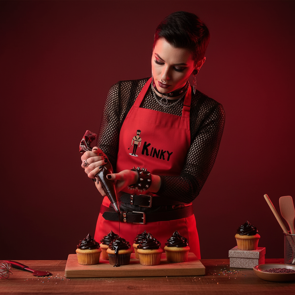 Person with gothic jewelry decorates cupcakes wearing a Kinky Organic Cotton Apron, embodying bold queer pride and self-expression. The apron enhances kitchen confidence with style and practicality.