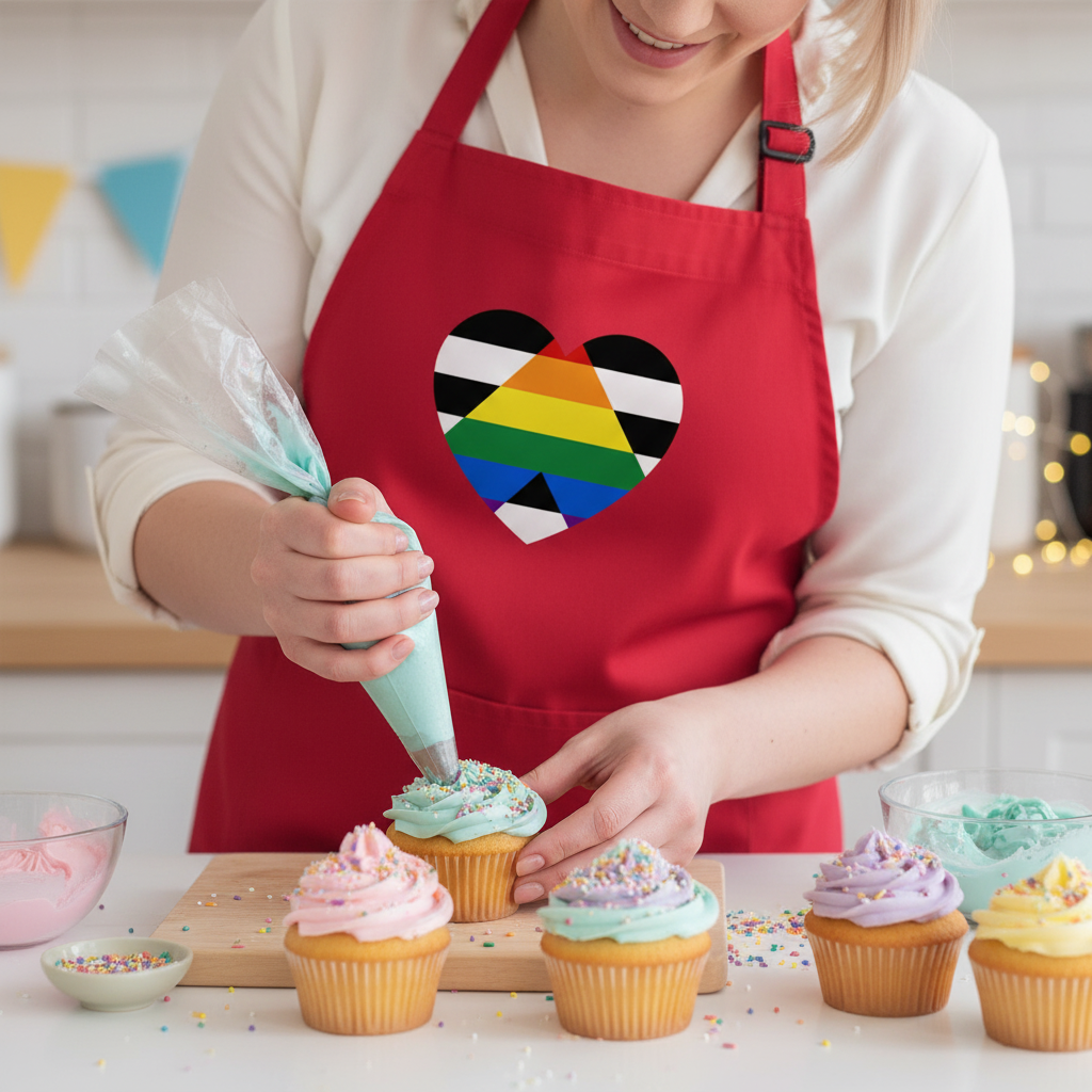 Person in a red apron with a heart-shaped Pride/Progress flag design, piping pastel frosting onto cupcakes. Showcasing the LGBTQ Ally Organic Cotton Apron, merging pride and kitchen functionality with empowering flair.