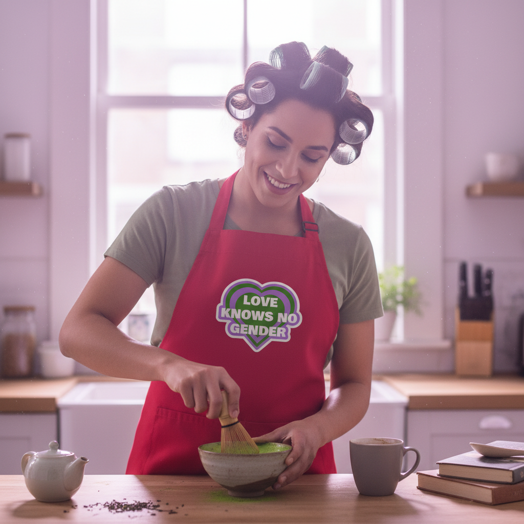 Person in kitchen wearing Love Knows No Gender Genderqueer Organic Cotton Apron, whisking matcha in a bowl. The apron symbolizes pride and empowerment, embodying visibility and self-expression in a joyful, queer manner.