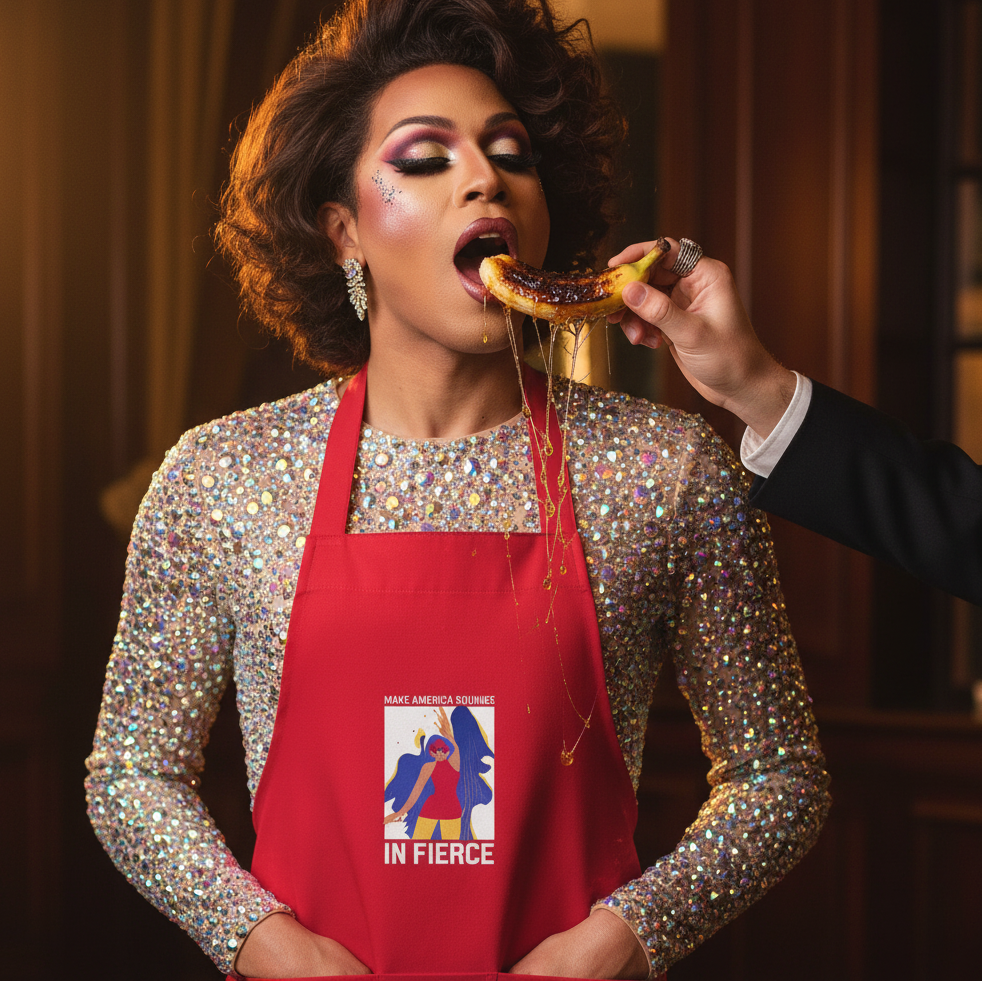 A glamorous drag performer wears the Master's Degree In Fierce Organic Cotton Apron, featuring a stylized figure and slogan, while a hand offers a banana with honey, embodying bold, queer empowerment.