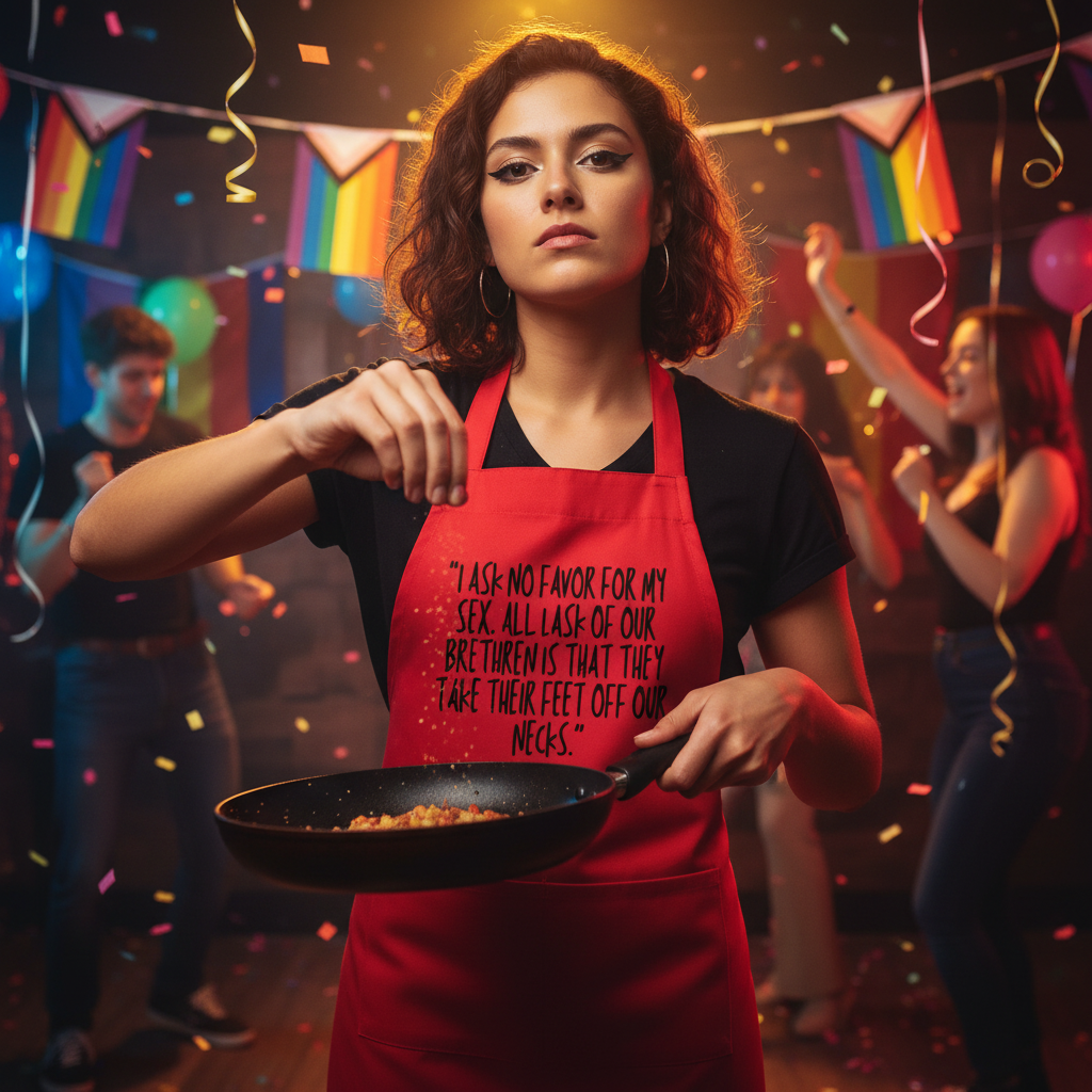 Young woman at a festive pride gathering wearing the No Favor For My Sex Organic Cotton Apron, confidently seasoning a dish, embodying queer empowerment and self-expression in vibrant celebration.